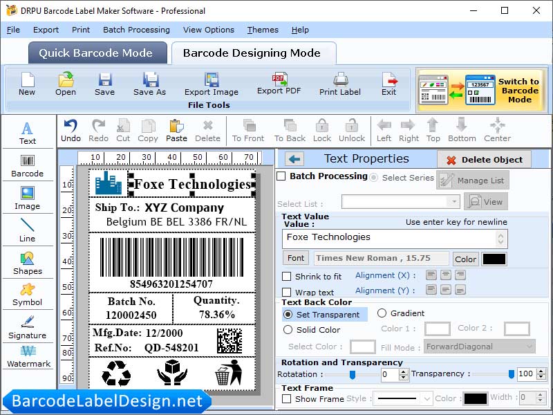 Screenshot of Barcode Label Design