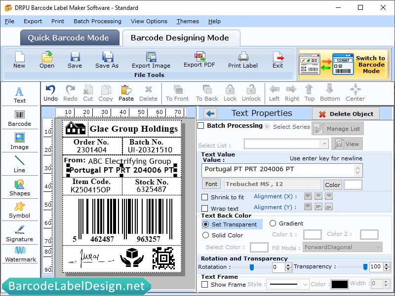 Screenshot of Design Barcode Label