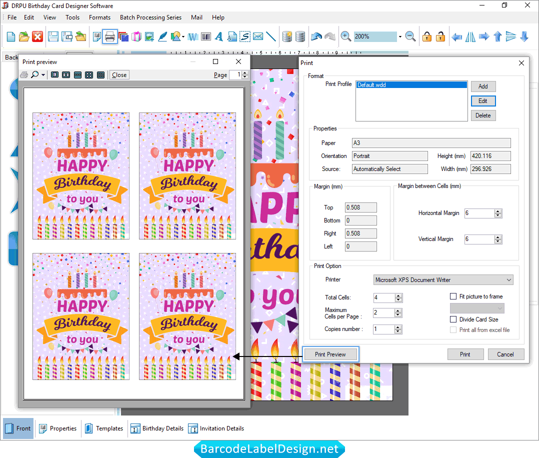 Birthday Card Software Print Settings Screenshots