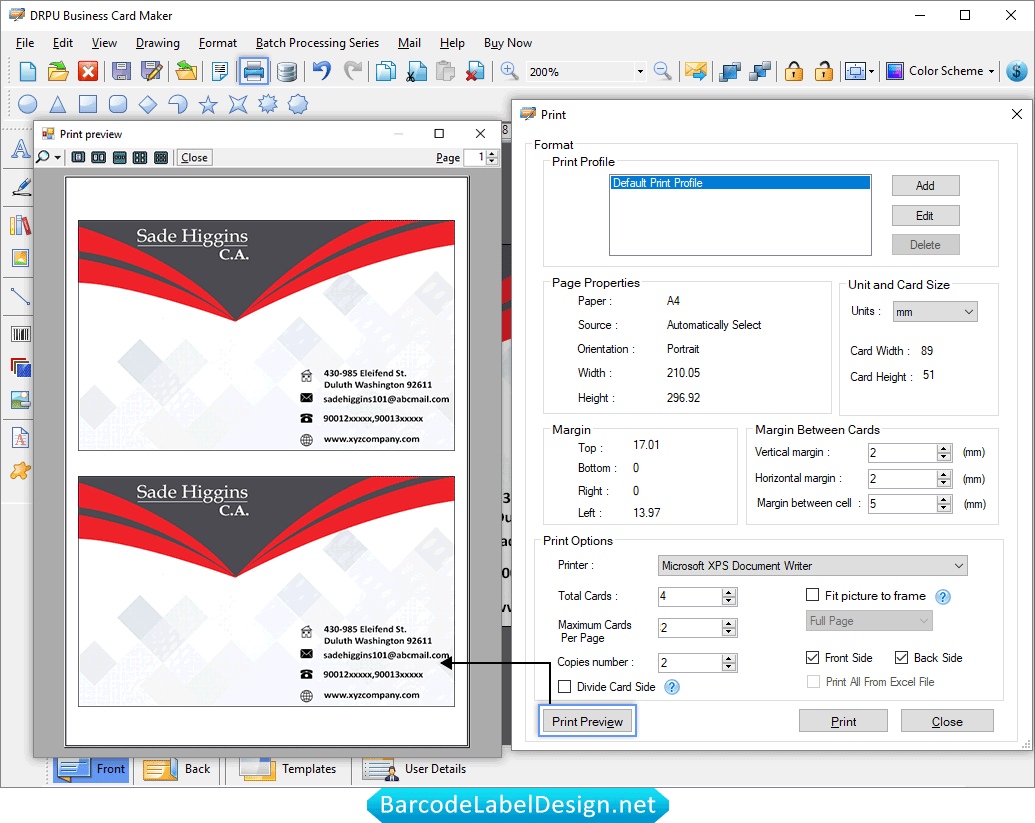 Business Card Software Print Preview Screenshots