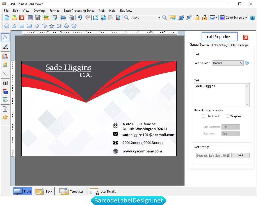 Business Card Software Text Properties Screenshots