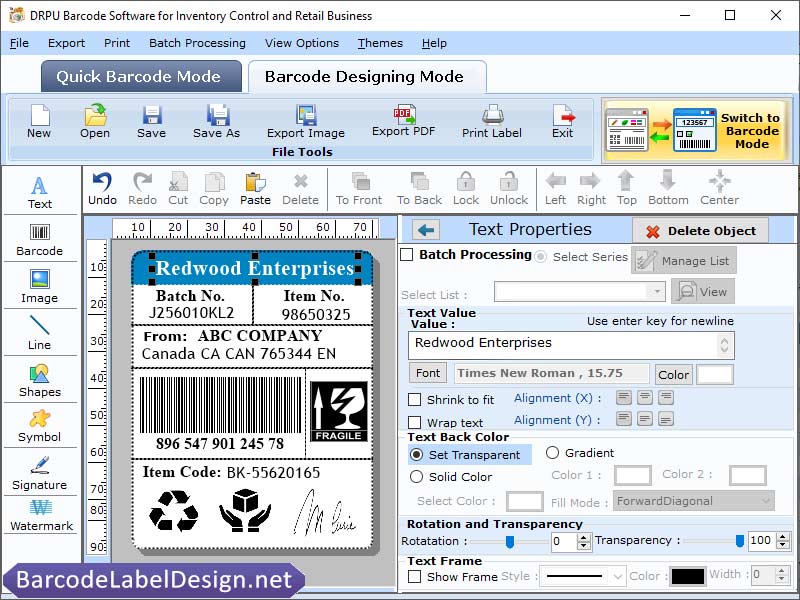 Screenshot of Inventory Barcode Design Tool 1.9