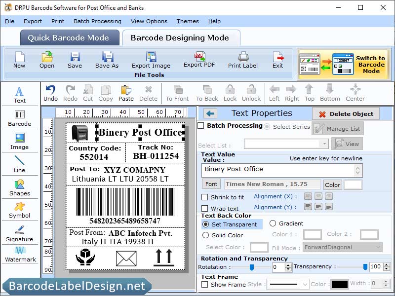 Screenshot of Design Postal Barcode Program