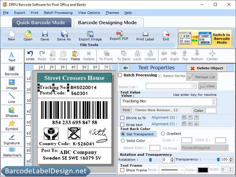 Screenshot of Post Office Barcode Design