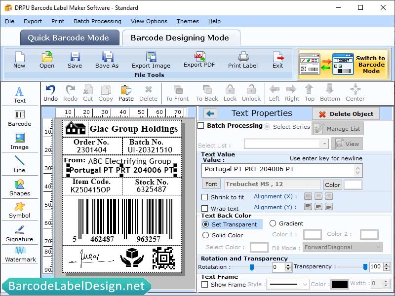 Screenshot of Standard Barcode Label Maker Tool